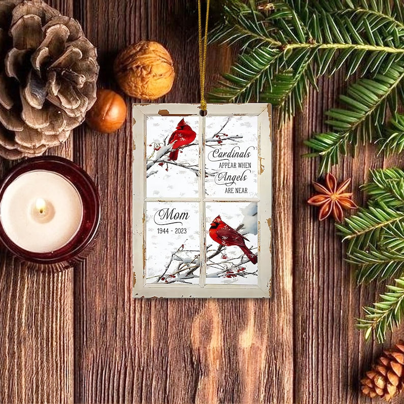 Cardinals at Window Memorial Ornament, Custom Sympathy Gift, Cardinals Appear When Angels are Near, Condolence Gift, Loss of Mom or Dad
