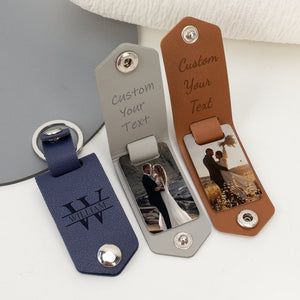 Personalized Mens Leather Keychain with Photo, Metal Tag Photo Keychain, Engraved Key Chain, Gifts for Couples, Valetine's Day Gifts