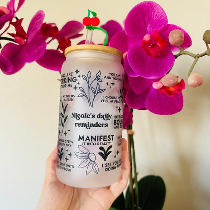 Custom Name Boho Daily Reminders Iced Coffee Cup, Mental Health Gift, , Gift For Her, Anxiety Relief, Birthday Gift, Motivation Can Glass.