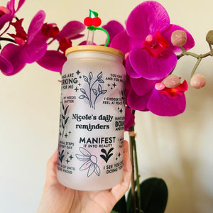 Custom Name Boho Daily Reminders Iced Coffee Cup, Mental Health Gift, , Gift For Her, Anxiety Relief, Birthday Gift, Motivation Can Glass.