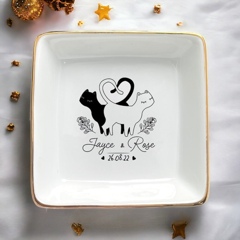 Personalized Couple Cat Ring Dish, Engagement Gift, Wedding Anniversary Keepsake, Valentines Gifts