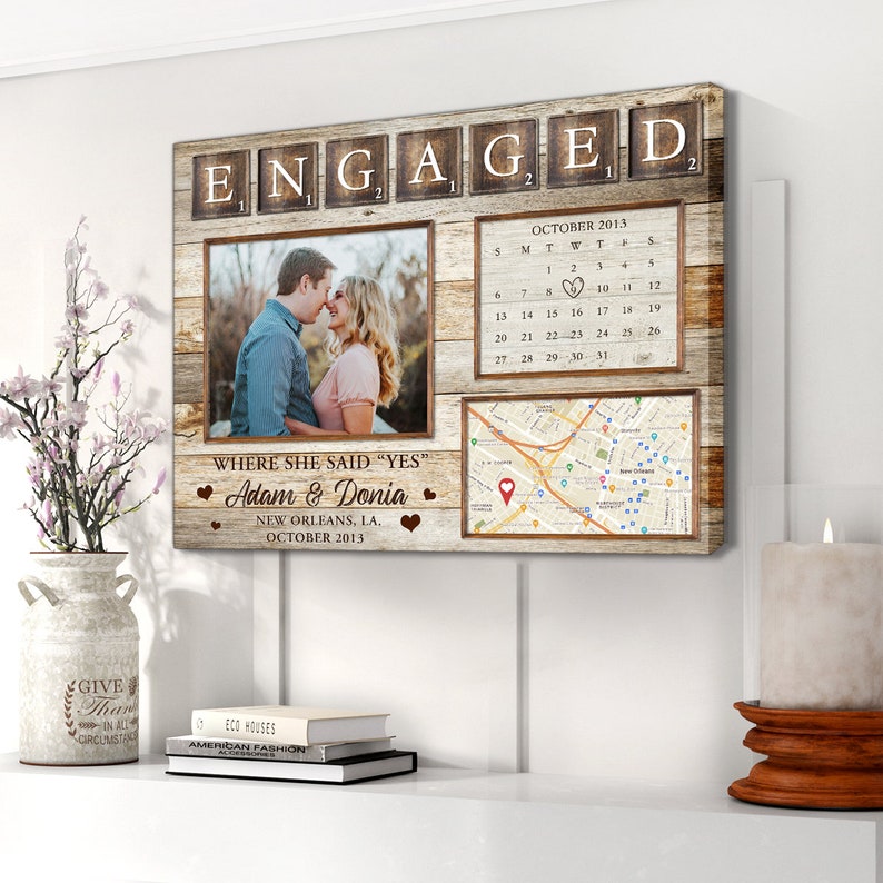 Personalized Engaged Gift | Unique Gift For Newly Engaged | Custom Map Print Engagement Gift Canvas Art