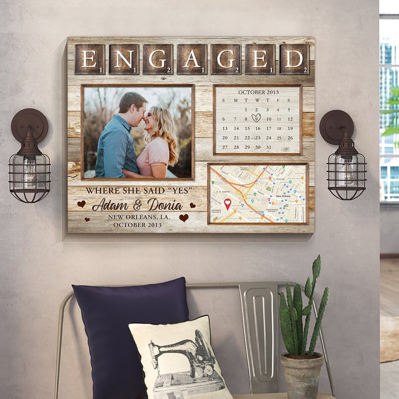 Personalized Engaged Gift | Unique Gift For Newly Engaged | Custom Map Print Engagement Gift Canvas Art