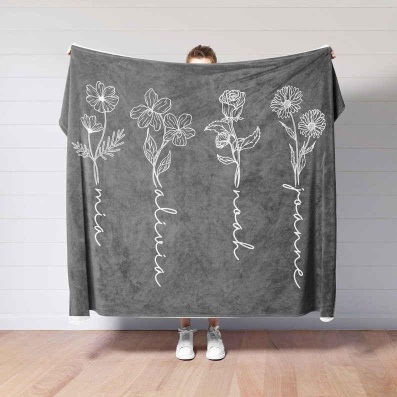 Birth Month Flower Blanket, Home Decor, Gift For Mothers Day,Aesthetic Unique Bedding,Mother Birthday Gift,Grandma Mothers Day,Gift For Wife