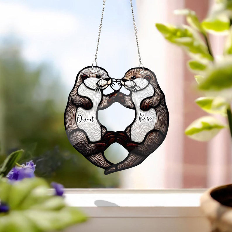 Special gift - Otter Couple Suncatcher Stained Glass window hanging, Otters Window Hangings, Couple gift, Anniversary gift, Bedroom decor, gift for wife