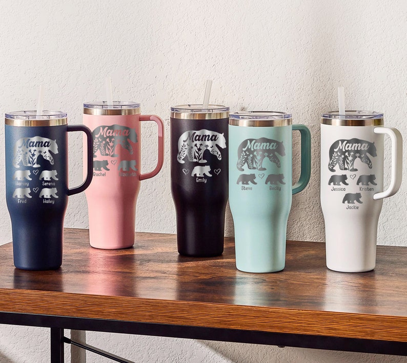 Mama Bear Tumbler Personalized, Mama Bear Tumbler With Cubs, Mama Bear 40oz Tumbler With Handle, Engraved Mama Bear Gift, Mama Bear Cubs