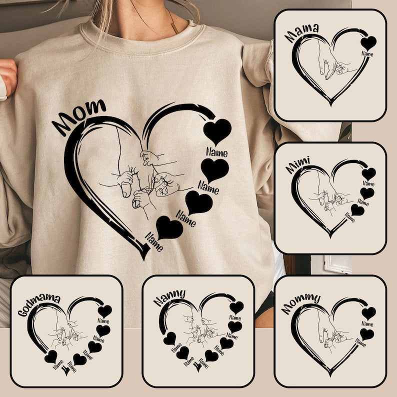Bundle Custom Mom Heart With Kids Name Shirt, Mama Hand Shirt, Grandma Love, Mother's Day Gift, Mom And Kid Hands Heart Shirt, Gift For Grandma