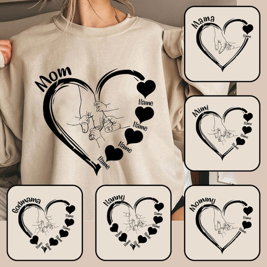 Bundle Custom Mom Heart With Kids Name Shirt, Mama Hand Shirt, Grandma Love, Mother's Day Gift, Mom And Kid Hands Heart Shirt, Gift For Grandma