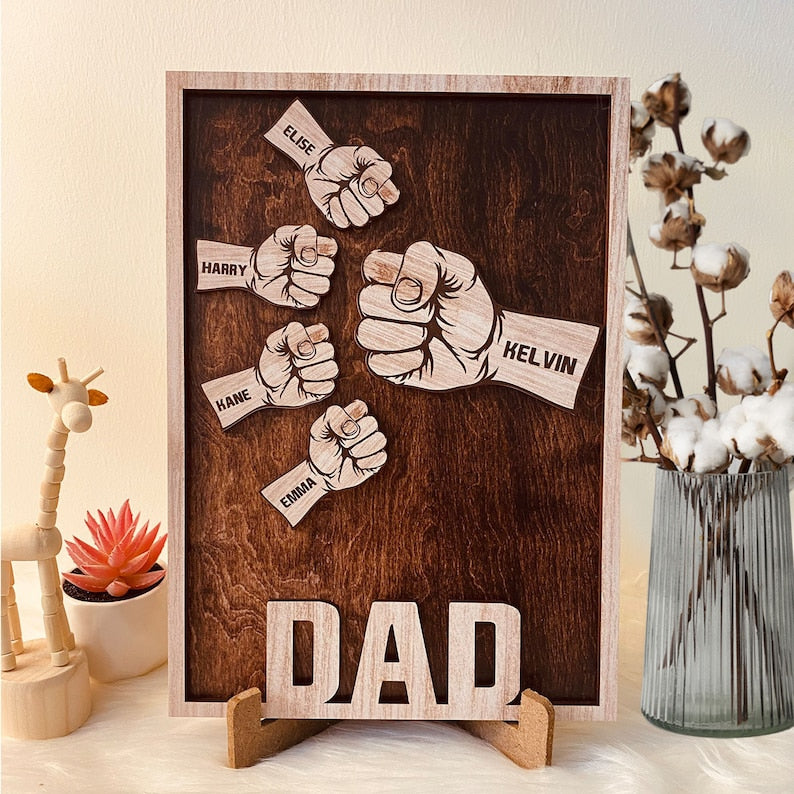 Custom Fist Bump Dad and Kids Name Wooden Sign, Personalized Family Sign, Father's Day Sign with Kid's name, Father's day Gift For Grandpa