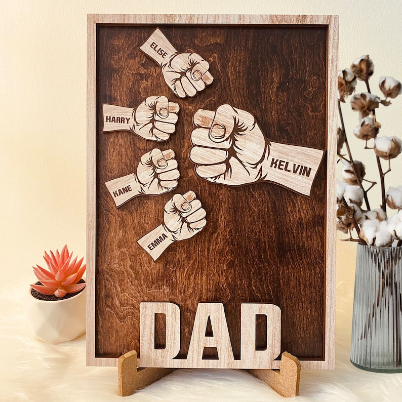 Custom Fist Bump Dad and Kids Name Wooden Sign, Personalized Family Sign, Father's Day Sign with Kid's name, Father's day Gift For Grandpa