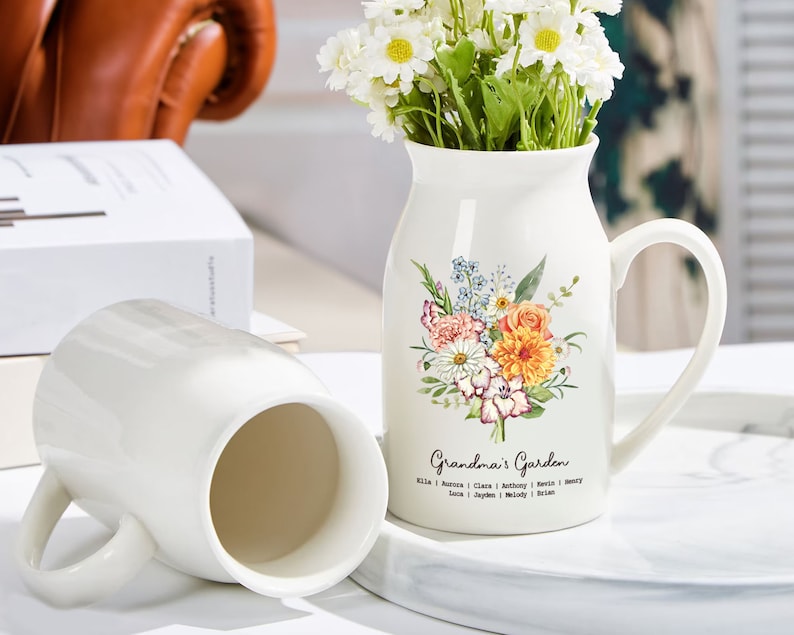 Personalized Grandmas Garden Plant Pot and Vase, Grandma Gift, Mothers Day Gift, Custom Grandkid Name, Birthday Month Flowers Gift Vase, Wildflower Gifts