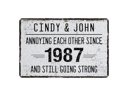 Personalized Anniversary Year Metal Sign, Annoying Each Other Since Wedding Date, Funny Parents Anniversary Gift, Couples Name Decor