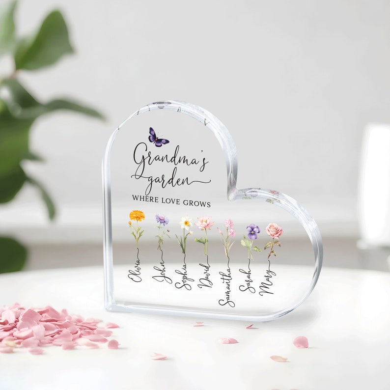 Grandma Gift, Personalized Grandma's Garden Gift For Grandma, Mother's Day Gift For Grandma, Birth Month Flower Heart Acrylic Plaque