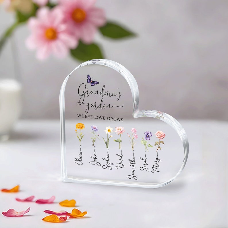 Grandma Gift, Personalized Grandma's Garden Gift For Grandma, Mother's Day Gift For Grandma, Birth Month Flower Heart Acrylic Plaque