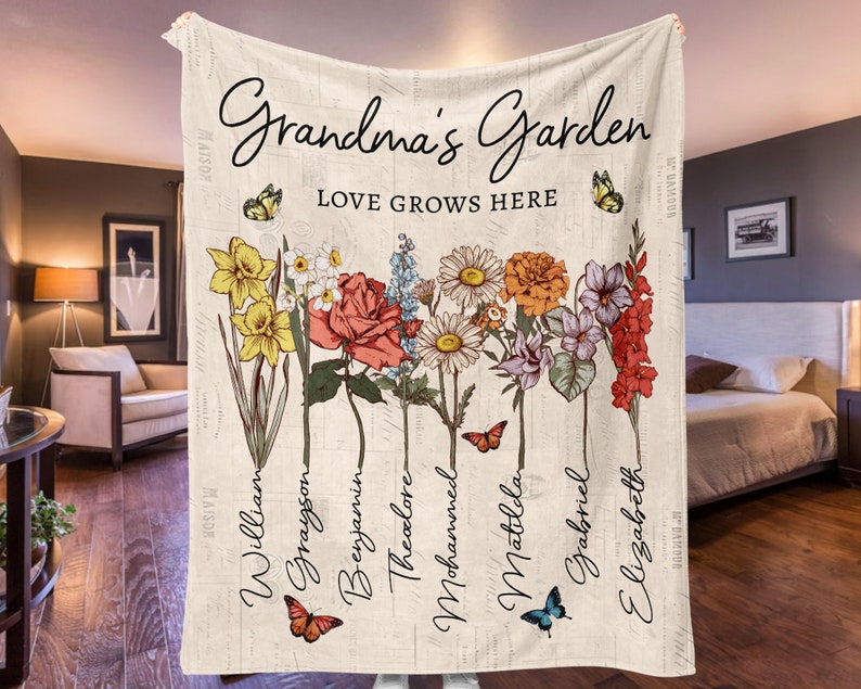 Personalized Grandmas Garden Blanket | Grandma Love Grows Here Blanket | Birth Month Flowers With Family Names Gift | Mother's Day Gift 2025