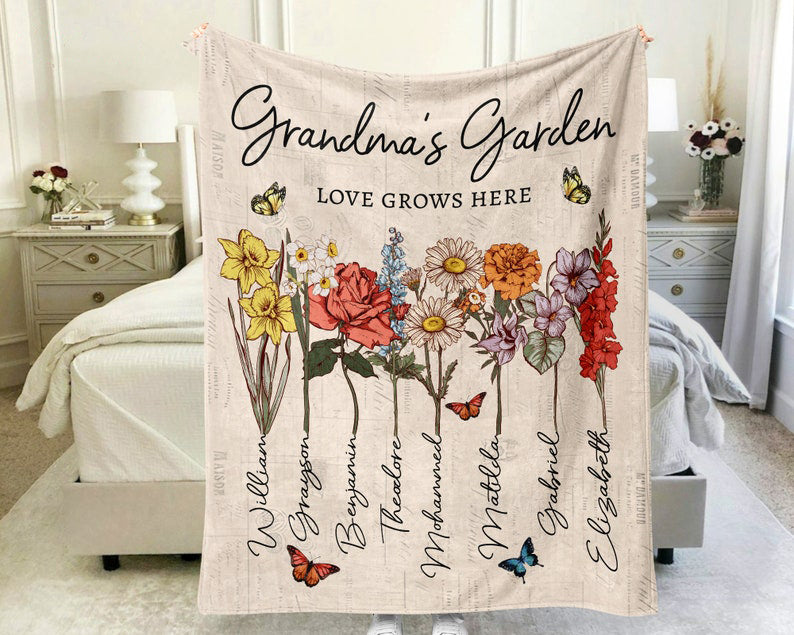 Personalized Grandmas Garden Blanket | Grandma Love Grows Here Blanket | Birth Month Flowers With Family Names Gift | Mother's Day Gift 2025