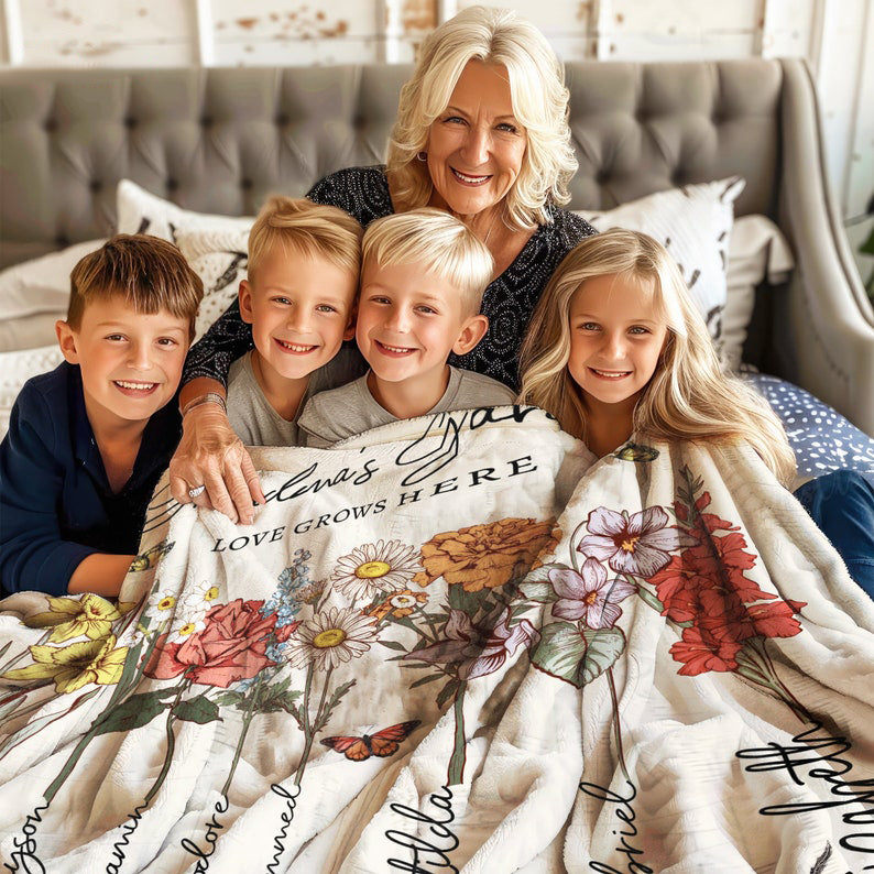 Personalized Grandmas Garden Blanket | Grandma Love Grows Here Blanket | Birth Month Flowers With Family Names Gift | Mother's Day Gift 2025