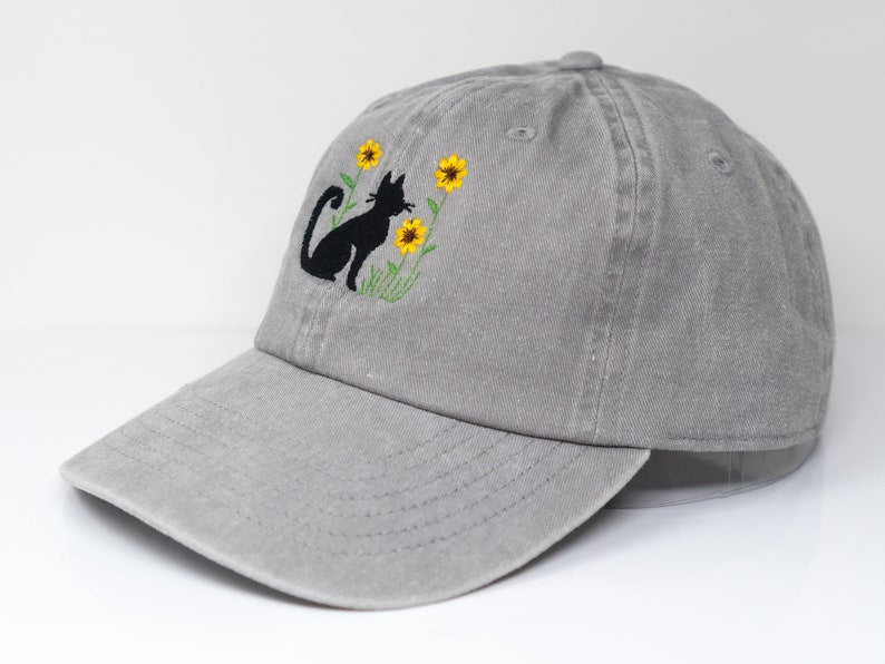 Cat and Flower Embroidered Kitten Baseball Cap, Washed Cotton Curve Brim Summer Hat il_794xN.5865558354_myia.jpg