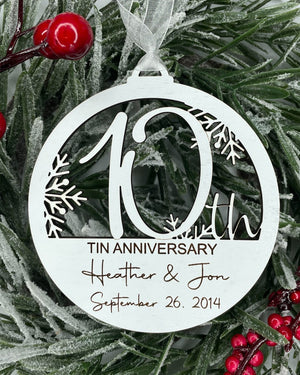 10th Anniversary Gift for Husband or Wife, Personalized Wood Christmas Tree Ornament with Name and Wedding Date for Couples, Celebrate Love