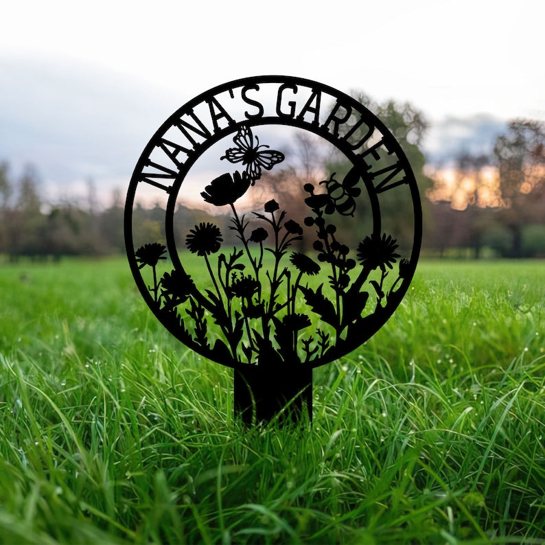 Personalized Garden Metal Sign With Stakes, Custom Garden Name Sign, Garden Flower Sign, Metal Yard Art, Housewarming Gift, Mother's Day