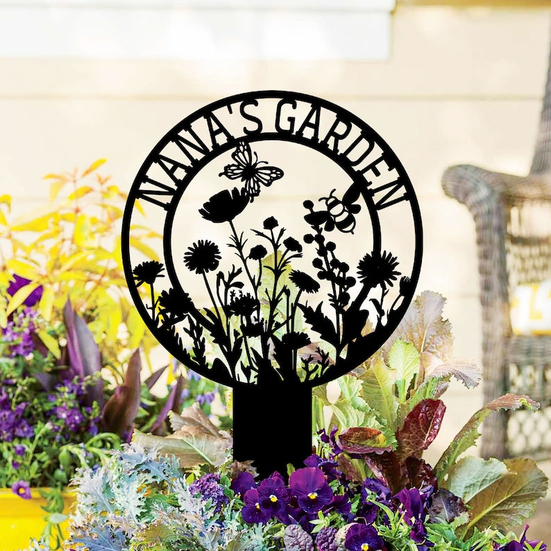 Personalized Garden Metal Sign With Stakes, Custom Garden Name Sign, Garden Flower Sign, Metal Yard Art, Housewarming Gift, Mother's Day
