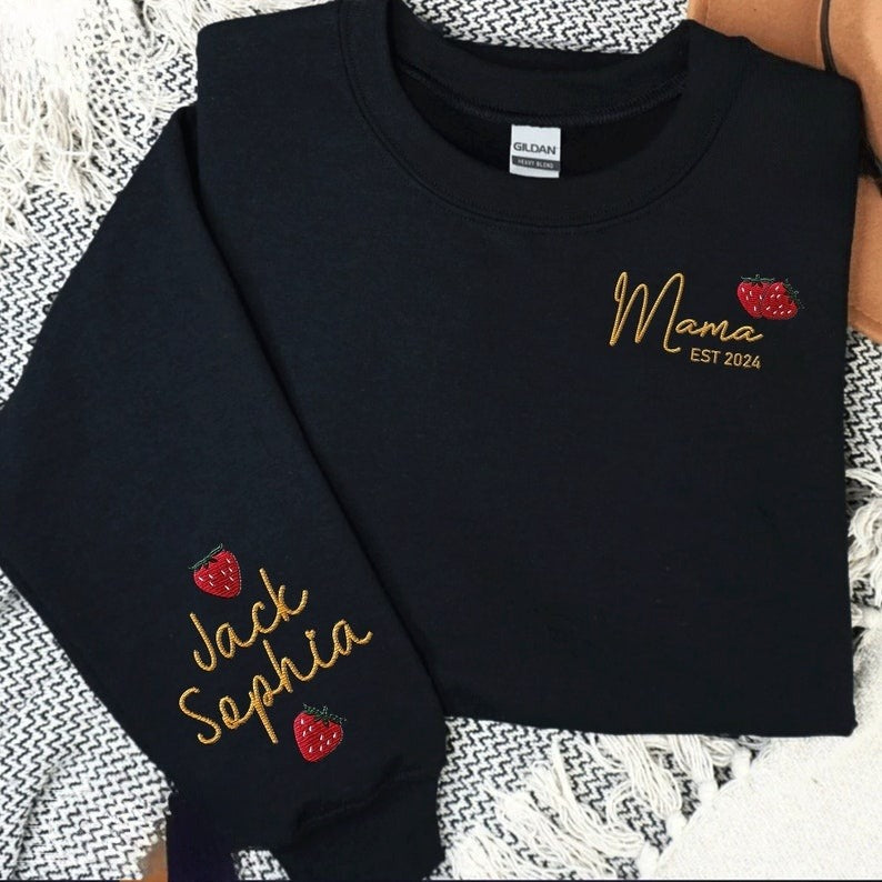 Custom Name Strawberry Mama Embroidered Sweatshirt, Strawberries Fruit Embroidered Outfit Mothers Day Gift Ideas for Mommy