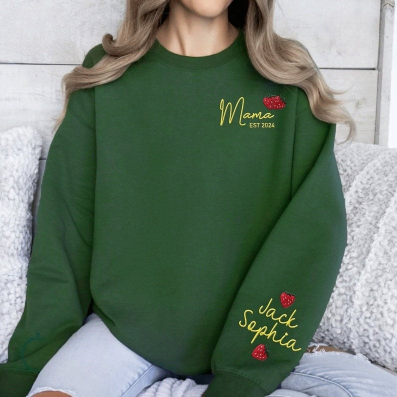 Custom Name Strawberry Mama Embroidered Sweatshirt, Strawberries Fruit Embroidered Outfit Mothers Day Gift Ideas for Mommy
