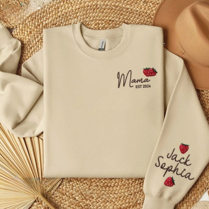 Custom Name Strawberry Mama Embroidered Sweatshirt, Strawberries Fruit Embroidered Outfit Mothers Day Gift Ideas for Mommy