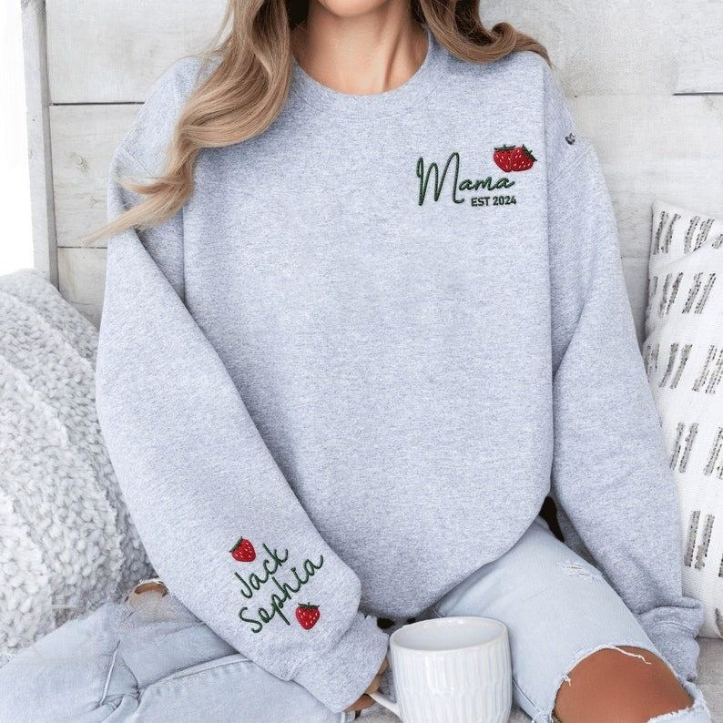Custom Name Strawberry Mama Embroidered Sweatshirt, Strawberries Fruit Embroidered Outfit Mothers Day Gift Ideas for Mommy