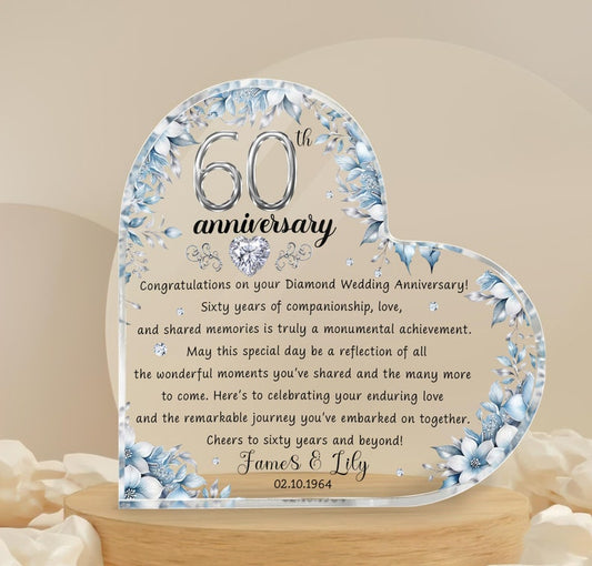 Personalized 60th Wedding Anniversary Gift Heart Acrylic Plaque, 60th Diamond Wedding Gifts For Parents, Grandparents, 60th Anniversary