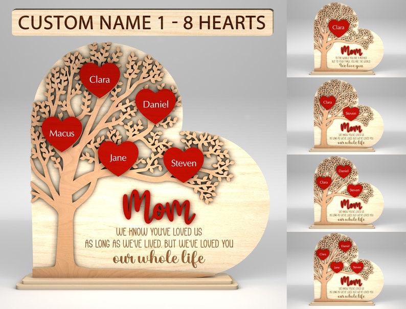 Personalized Family Tree Heart Stand Decor, Gift for Mom, Mothers Day, Mothers Day Gifts
