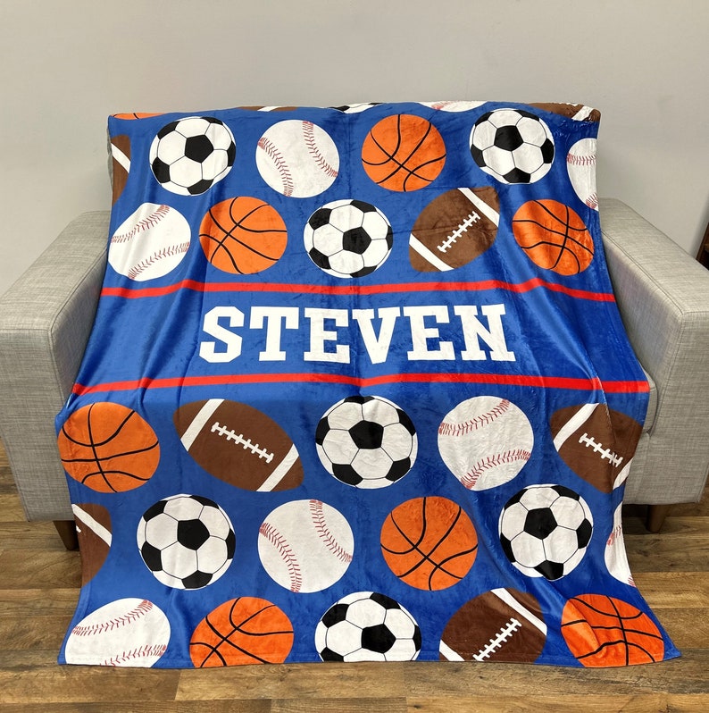 Personalized Kids Sports Blanket, Custom Blanket, Basketball Football Baseball Blanket, Gift for him, Team Gift, Fleece + Sherpa Available