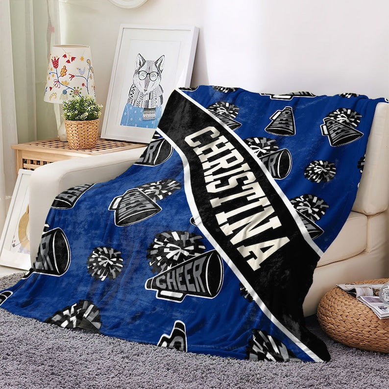 Cheer Pom Pom and Megaphone Custom Name Blanket, Personalized Gift for Cheerleader, Senior Gift, Gift For Daughter, Sister, Grandkids