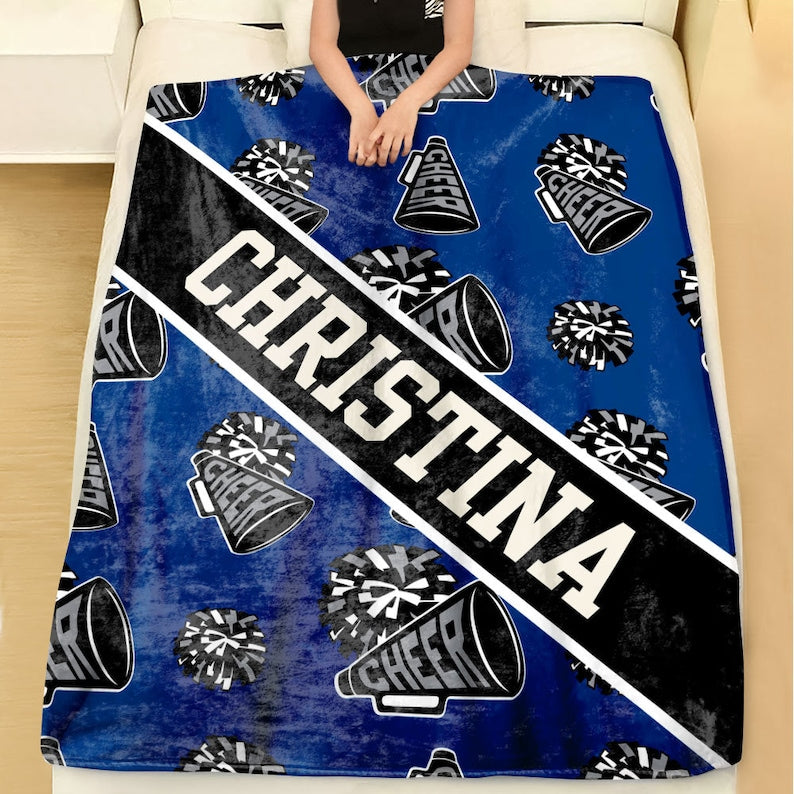 Cheer Pom Pom and Megaphone Custom Name Blanket, Personalized Gift for Cheerleader, Senior Gift, Gift For Daughter, Sister, Grandkids