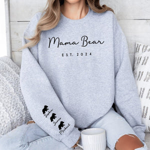 Custom Embroidered Mama Bear Est Sweatshirt with Kid Names, Funny Mother Day Gift for Mom, Personalized Name on Sleeve New Mom Gift