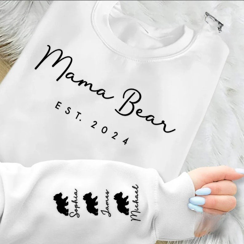 Custom Embroidered Mama Bear Est Sweatshirt with Kid Names, Funny Mother Day Gift for Mom, Personalized Name on Sleeve New Mom Gift
