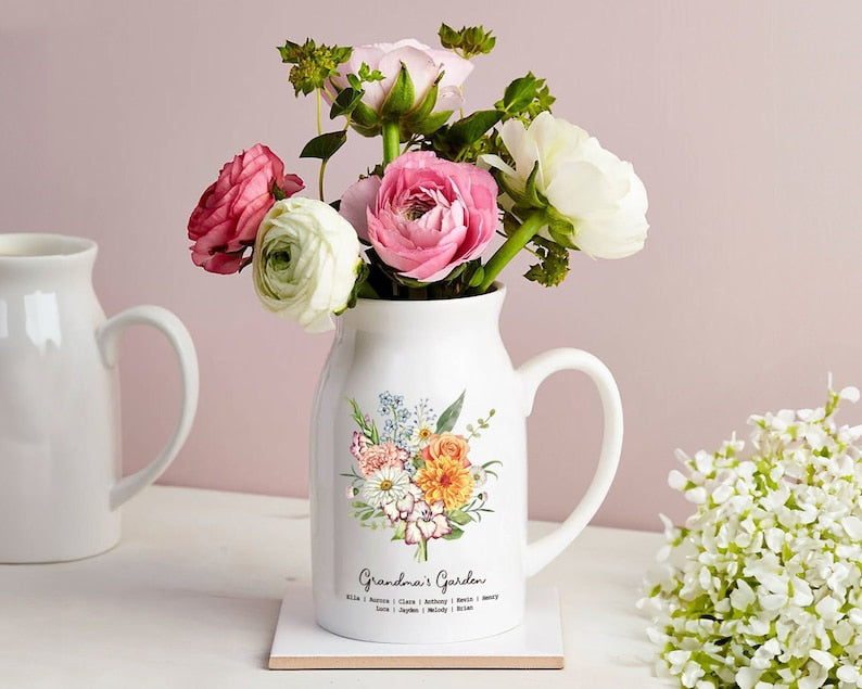 Personalized Grandmas Garden Plant Pot and Vase, Grandma Gift, Mothers Day Gift, Custom Grandkid Name, Birthday Month Flowers Gift Vase, Wildflower Gifts