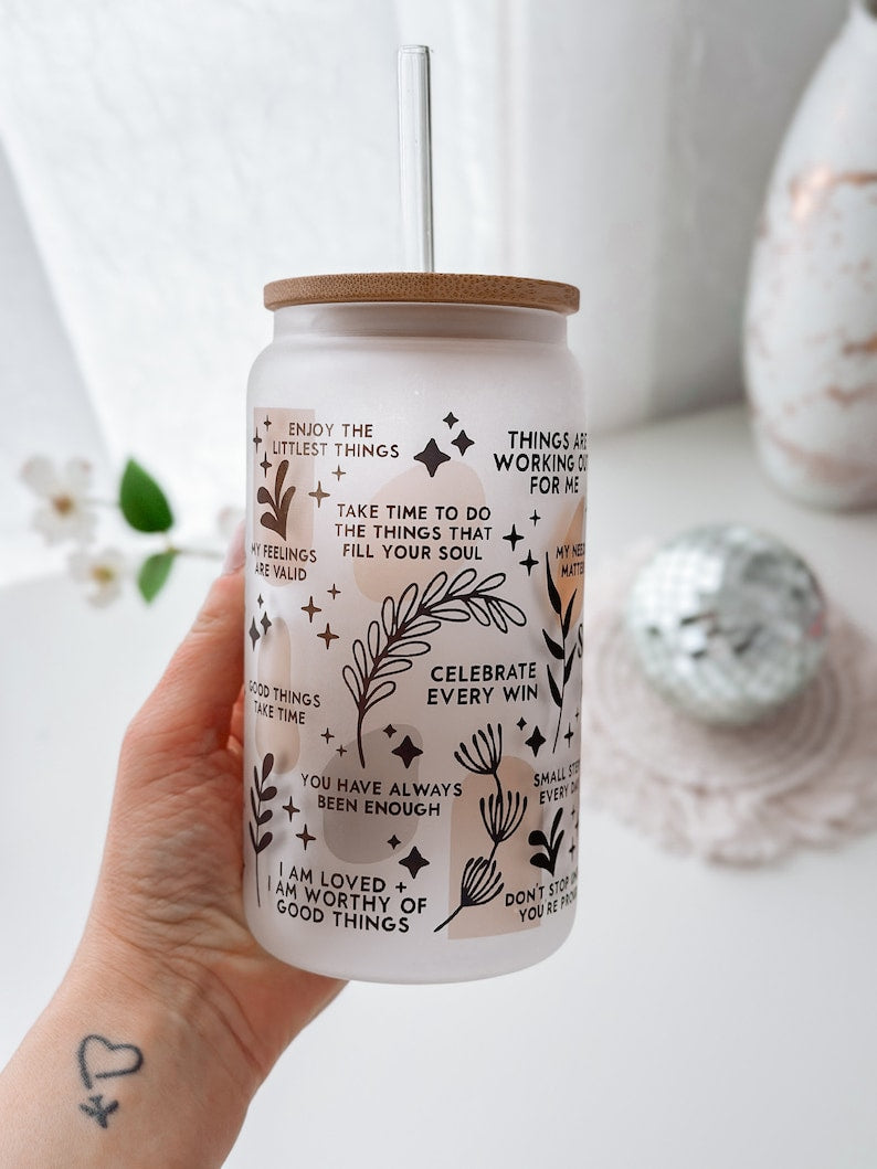 Custom name Daily reminders Glass tumbler Mental Health Tumbler Daily Affirmations Glass cup Affirmations tumbler best friend gifts