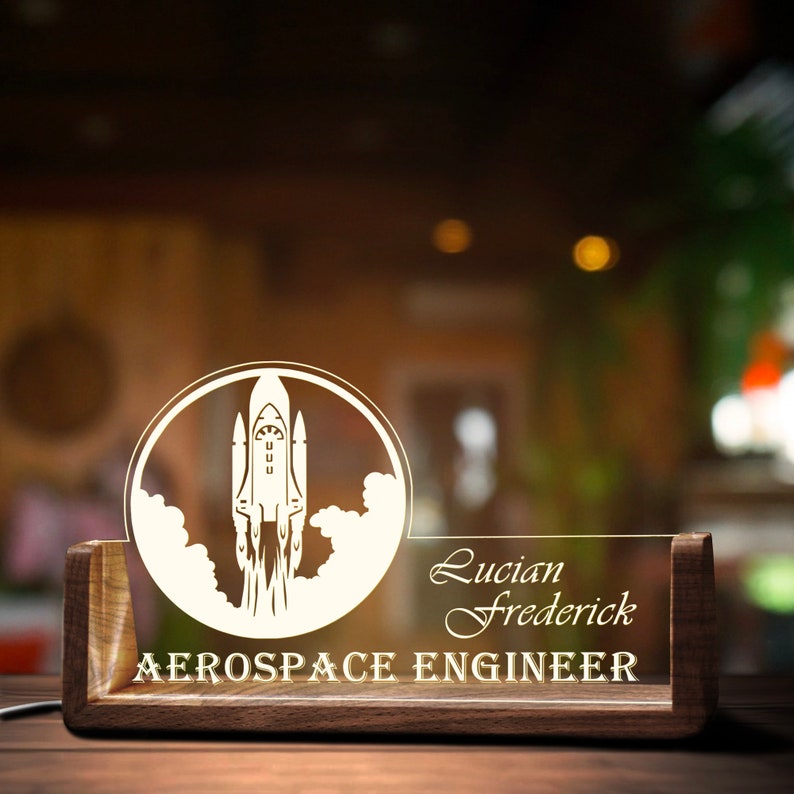 Custom Aerospace Engineer Desk Name Plate Personalized Aircraft LED Light Wooden Base Acrylic Office Accessories Wood Name Sign Decor Gift