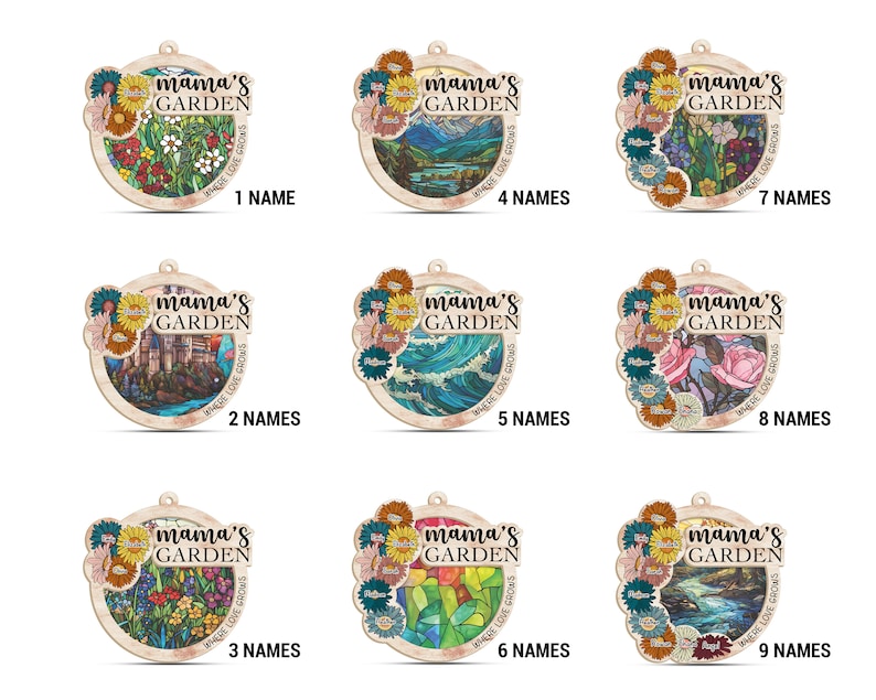 Nana's Garden Suncatchers Gift, Personalized Mama, Nana, Grandma, Mimi Gift, Custom Stained Glass Art & Wood Suncatchers, Mothers Day Gift