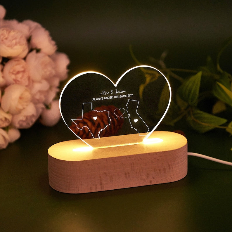 Custom Two Map Night Light, Always Under The Same Sky, Long Distance Relationship Lamp, Going Away Gift, Couple Gift Valentine's Day Gifts