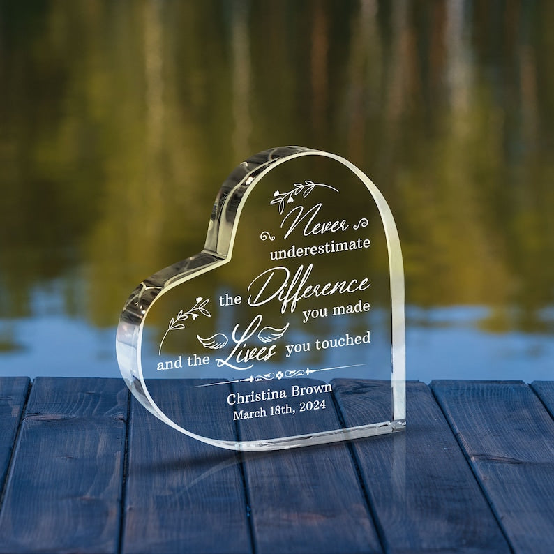 Personalized Heart Acrylic, Never Underestimate The Difference You Made, Acrylic Heart Plaque, Happy Retirement Gift, Teacher Gift