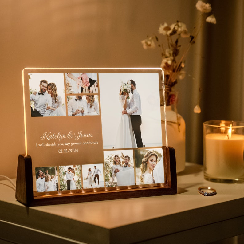 Custom Wedding Anniversary Photo Collage LED Night Light, Newly Engaged Gift, Thanksgiving Gift for Loved One