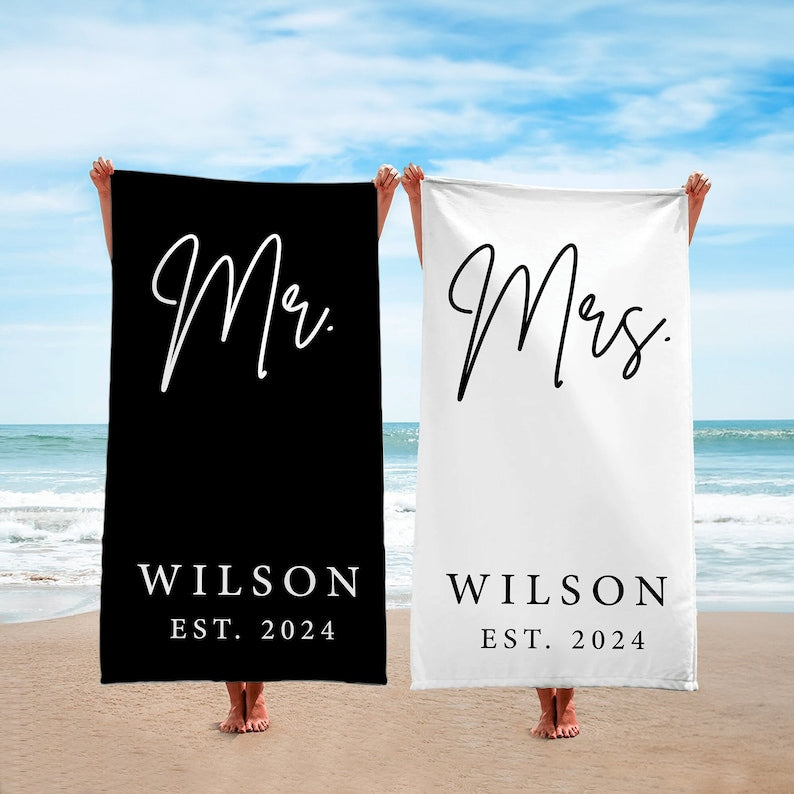 Mr. and Mrs. Beach Towels, Bride Personalized Beach Towel, Couple Pool Towel, Wedding Newlywed Honeymoon Gift, Groom Gift Beach Bachelorette