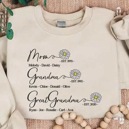 Custom Mom Grandma Great Grandma Embroidered Sweatshirt, Great Grandma with Grandkids Names Sweatshirt, Gift For Grandma, Mother's Day Gift