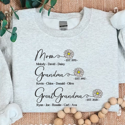 Custom Mom Grandma Great Grandma Embroidered Sweatshirt, Great Grandma with Grandkids Names Sweatshirt, Gift For Grandma, Mother's Day Gift