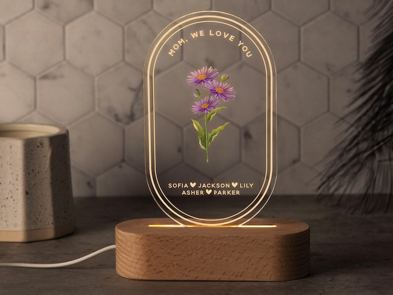 Personalized Birth Month Flower Acrylic Night Light, Boho LED Light, Gift for Mom, Birthday Gift, Custom Mom Night Light Custom Mom