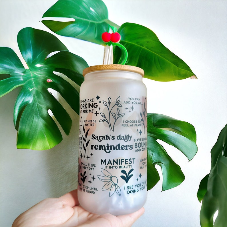 Custom Name Boho Daily Reminders Iced Coffee Cup, Mental Health Gift, , Gift For Her, Anxiety Relief, Birthday Gift, Motivation Can Glass.