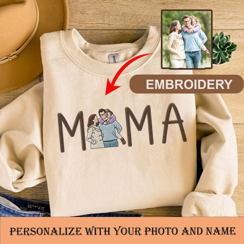 Mama Embroidered Shirt Custom With Favorite Photos Mother's Gift, Family Gift
