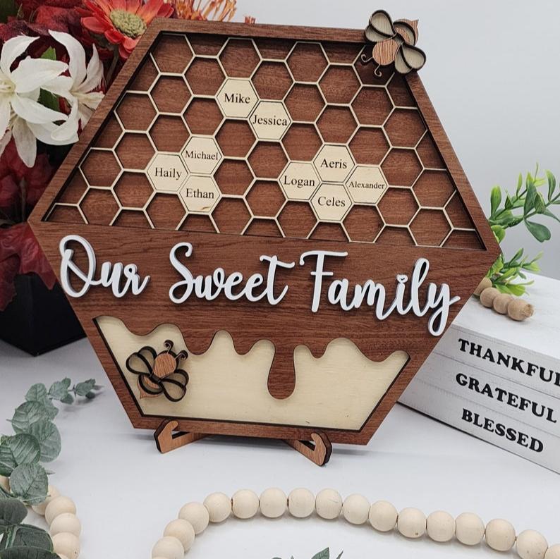 Personalized Bee Hive Family Tree Plaque, Custom Bee Family Gift For Grandma Grandbabees Sign, Mothers Day Gift Grandparents Gift Home Decor